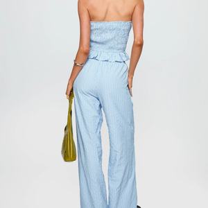 Conjunto Casual de 2 Piezas con Logotipo Personalizado, 100% Algodón, Pantalones Largos Holgados con Rayas Azules, Top Corto con Cordones, Tallas Grandes para Mujer - Product Image 6