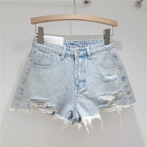 C1198 Shorts de Mezclilla de Pierna Ancha con Cintura Alta y Borde Deshilachado Perforado para Mujer, Verano 2024 - Product Image 5