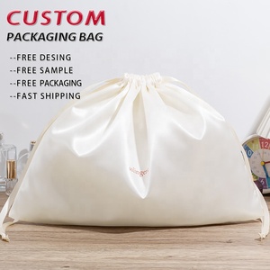 White Custom Printed Silk Satin Drawstring Pouch Bag Wig Extension Pouch Seal <strong>Textile</strong> <strong>Packaging</strong> - Product Image 1