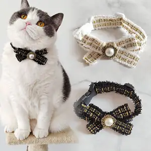 Luxury Sweet Bow Tie Woven Plaid Retro Dog Collar Pearl Cat Collar Bow Accessories Necklace Pet Supplies Cat Dog accessories