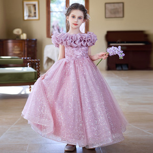 Abito <span class=keywords><strong>Elegante</strong></span> da Principessa per Bambina, <span class=keywords><strong>Vestito</strong></span> da Festa in Tulle Ettereo e Perle, Abito da Damigella d'Onore con Spalle Arricciate - Product Image 2