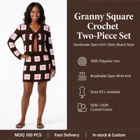 Benutzerdefiniertes LOGO Damen Häkel-Cardigan Granny Square Cropped Schleifenkragen Langarm V-Ausschnitt Braun Sommer Polyester OEM & ODM Fabrik