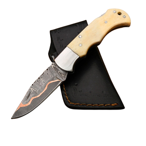 Cuchillo Plegable EDC de Acero Damasco y Cobre Hecho a Mano de Alta Calidad con Mango Grabado de Hueso de Camello Negro TÁCTICO PARA EXTERIOR - Product Image 1