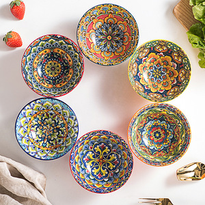 Tazón de Porcelana Bohemia Pintado a Mano con Diseño Floral, Tazón Redondo de Cerámica para Servir en el Hogar, Cocina o Fiestas - Product Image 1