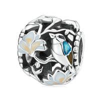 Perles de création de bijoux en argent sterling 925 émail de printemps breloques d'oiseaux de fleurs creuses