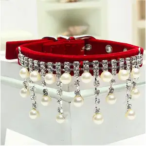 Fashion Luxury Beaded Bling Decoration Crystal Pearl Cats Pet Products Jewelry Velvet Necklace Beaded Dog Collar