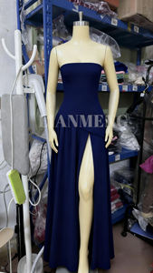 LM D443 gonna a trapezio plissettata di raso con spacco alto abito da sera abito da sposa elegante abito da ballo senza spalline blu Navy - Product Image 2