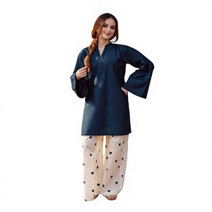 Pink V Neck Long Sleeve Loose Fit Midi <b>Dress</b> With Heart Pattern plazo Wear All Seasons Cotton Bamboo Fiber Breathable - Product Image 4