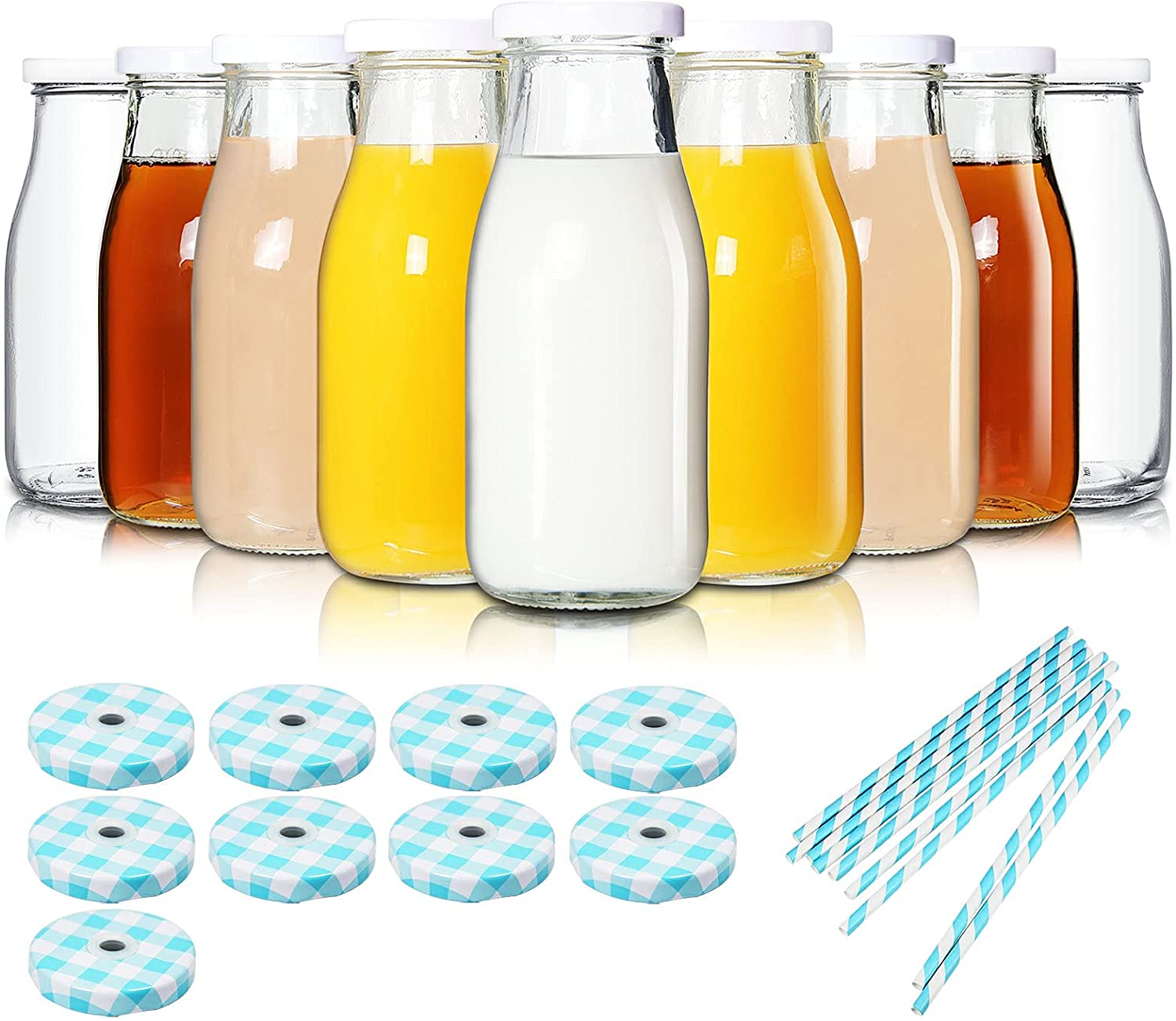 11oz Glass Milk Bottles with Reusable Metal Twist Lids and Straws for Beverage Glassware and Drinkware
