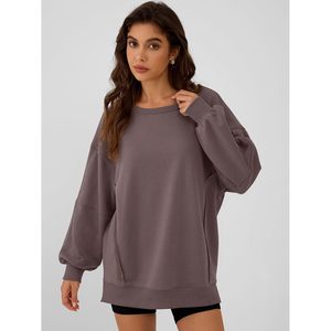 FOXA Sweat-shirt oversize pour femme, col rond, épaules tombantes, fentes latérales, pull ample en coton et fibre de bambou tricoté respirant - Product Image 3