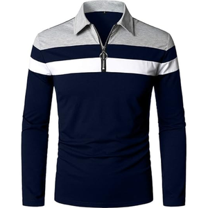Chemise décontractée pour homme à manches longues en maille respirante anti-plis, style color block rayé avec fermeture éclair, bleu marine, gris, blanc - Product Image 2