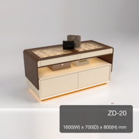Meuble îlot de dressing en cuir gaufré marron avec 2 tiroirs, compartiments vitrés, étagère ouverte, en cuir microfibre crème et base dorée
