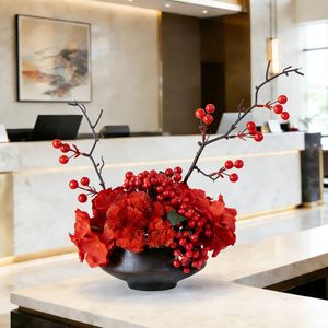 LO-1308 Arreglo de Flores Artificiales Rojas de Lujo Pre-elaborado, Centro de Mesa con Maceta para Sala de Estar, Entrada o Consola - Product Image 1
