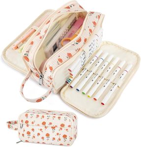 Grande trousse à crayons mignonne avec poignée pour adolescents, cadeau unisexe - Grande trousse à 4 compartiments en velours côtelé, bleu ciel - Product Image 5