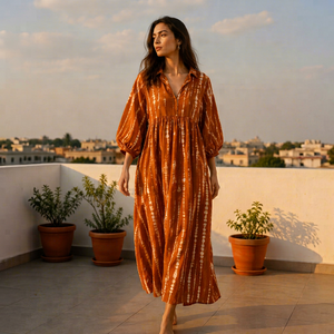 Vestido de Fiesta Marrón para Mujer, Estilo Bohemio, Tie Dye, 100% Algodón, Largo hasta el Suelo, Cuello en V, Manga Abullonada, Corte Moderno - Product Image 1