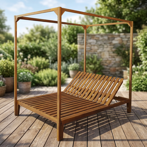 Modern Teak Wood Outdoor Cabana Daybed with Adjustable Slatted Backrest - Product Image 2
