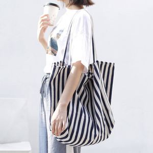 Sac de plage rayé personnalisé OEM, sac fourre-tout en toile de coton, sac de courses avec poches - Product Image 3