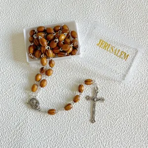 12 Pezzi Rosario Artigianale Unisex in Legno d'Ulivo con Perle di Terreno Sacro e Reliquie, Catene con Motivo Vegetale, Cristianesimo, Gerusalemme - Product Image 1