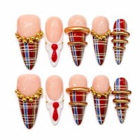 Faux ongles réutilisables à presser, motif à carreaux vintage, peints à la main, extensions d'ongles longs en acrylique forme amande avec perles dorées pour nail art