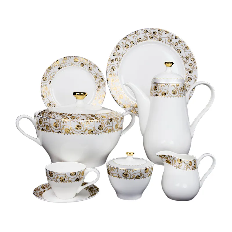 Özel yüksek kaliteli crockery yemek sıcak satış yemek takımı için yeni marka ince kemik çin parlayan altın tasarımlar çay seti