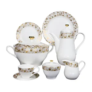 Custom high quality crockery dinnerware hot sale dinner sets for new brand fine bone china shining golden designs tea set