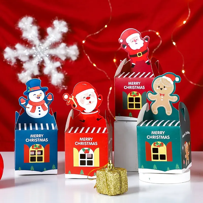 Cajas de embalaje con diseño de ventana hueca, Feliz Navidad, Santa, muñeco de nieve, papel, regalo de manzana
