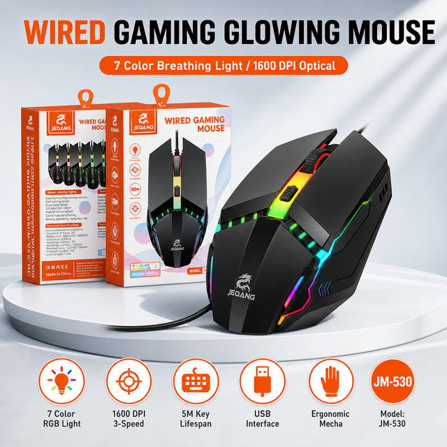 JM-530 7 Color Synchronized Breathing Light Wired Gaming Mouse 1600 DPI 3-Speed 5M Clicks Optical Wired Mouse for PC Laptop