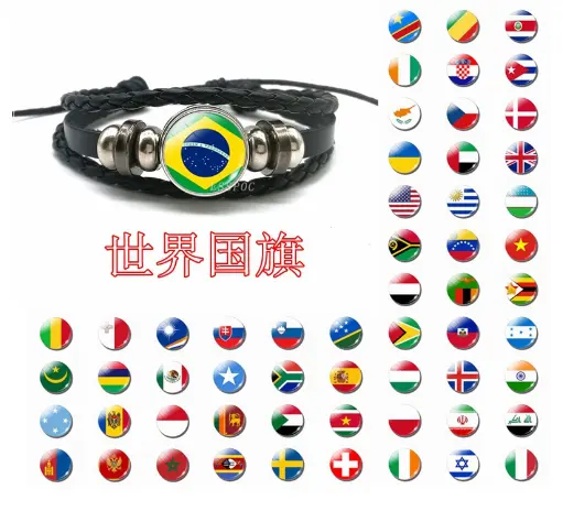 Pulseras de cuero con gemas de cristal y logotipo de la bandera del país, brazaletes deportivos de fútbol, regalos