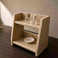 Organisateur de Comptoir à Double Niveau en Marbre Naturel Poli Moderne, Support de Rangement Solide en Pierre pour Cosmétiques et Parfums, Idéal pour Coiffeuse, Salle de Bain et Maison
