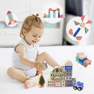 Montessori 115 pcs xây dựng bằng gỗ khối Bộ đồ chơi xe ô tô đào tạo giao thông đường phố dấu hiệu xe và nhà gạch cho trẻ em trai cô gái - Product Image 4