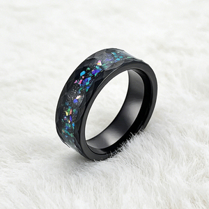 Bague en tungstène noir martelé 8MM avec incrustation d'<span class=keywords><strong>opale</strong></span> concassée et d'<span class=keywords><strong>opale</strong></span> galaxie, pour hommes et femmes, bagues de fiançailles, vente en gros - Product Image 2