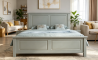 Cadre de lit King Size en bois d'hévéa, durable, au design moderne et traditionnel, avec panneaux de rangement, tête et pied de lit rembourrés en cuir, et sommier coffre