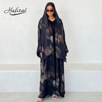 Nouvelle Abaya Ouverte en Chiffon Noir à Imprimé Floral Foncé Hafizah avec Hijab, Robe Longue Modeste pour Femmes Islamiques de Dubaï, Vente en Gros