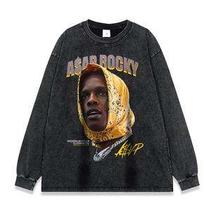 T-shirt a Maniche Lunghe da Uomo Serie Hip Hop <span class=keywords><strong>Rap</strong></span> Stampata, Effetto Invecchiato e Lavato, Vendita Calda - Product Image 2