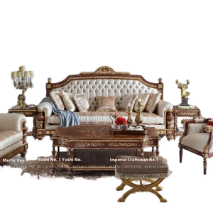 Maître artisan n ° 1 style européen bois massif sculpté cuir tissu combiné grand canapé pour palais français pour salon