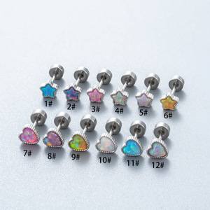 Copper Bezel Opal Star and Heart <b>Piercing</b> <b>Earrings</b> | Colorful Stone Stainless Steel Barbell Studs for Cartilage Helix Lobe - Product Image 1
