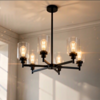 Lustre vintage style ferme à 6 ampoules, suspension industrielle en métal noir, douille E26, abat-jour en verre transparent pour café et restaurant