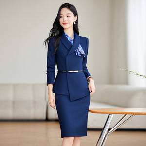 Women's Suit <b>Set</b> Navy Blue Full Sleeve <b>Office</b> Lady Anti-Wrinkle Spring Polyester Worsted Formal Wear - Product Image 1