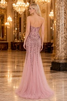 Abendkleid in Rosenrosa mit Perlen, trägerlos, herzförmig, Meerjungfrauen-Stil, Tüll, bodenlang, OEM-Gala-Kleid