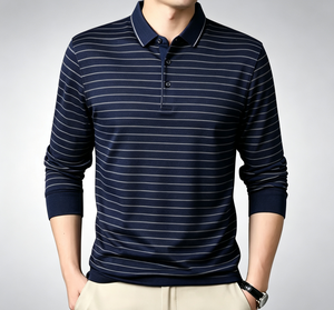 Polo à manches longues rayé en tricot pour homme, décontracté, boutonné, rose, marine, gris - Product Image 4