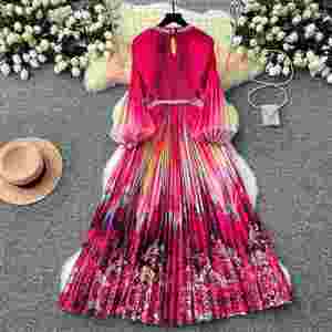Vestido Maxi Plisado con Cuello Redondo para Mujer, Ecológico, Transpirable, Tejido, Drapeado, con Manga Linterna, Estampado, con Cuentas, Casual, Lavable - Product Image 4