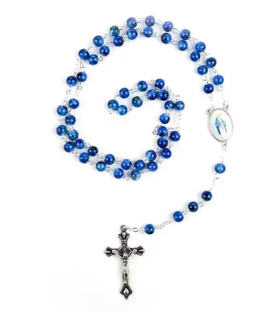 custom stone plastic crystal wooden beads rosary blue beads cross necklace for prayer