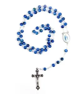 Pedra personalizada cristal plástico madeira contas rosário contas azuis cruz colar para oração