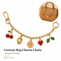 Chaîne de sac personnalisée en métal doré avec breloque pour sac à main, fermoir pivotant, pendentif fruit, vente en gros, faible MOQ, personnalisable