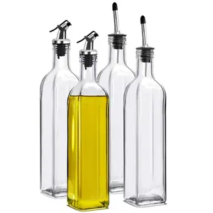 17 oz/500 ml leere leckgeprüfte quadratische transparente flasche für küche kochen olivenöl glas mit ausgießer ausguss