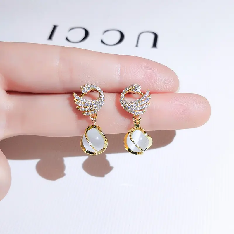 2022 Trendy Stud Earrings for Women S925 Silver Opal Light Luxury Earrings Personality Swan Earrings for Women