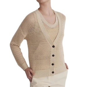 <span class=keywords><strong>Cardigan</strong></span> en <span class=keywords><strong>maille</strong></span> tricotée légère et respirante à col en V ajouré à manches longues pour femme – Vente en gros personnalisée - Product Image 2