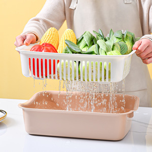 Creative Double Layer Drain <b>Basket</b> Plastic Vegetable Washing Basin <b>Stackable</b> Square Kitchen Storage Fruit Plate L Size - Product Image 2