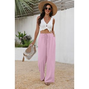 Pantalones Anchos de Mujer, Cintura Alta, con Cordón, Color Rosa, Transpirables, de Punto, para Primavera/Verano, Playa, Vacaciones, Ropa Casual, Talla M - Product Image 3