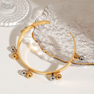 Stainless Steel Two Tone Beaded Open Bangle <b>Ball</b> Shape Unisex Jewelry <b>Bracelet</b> - Product Image 3